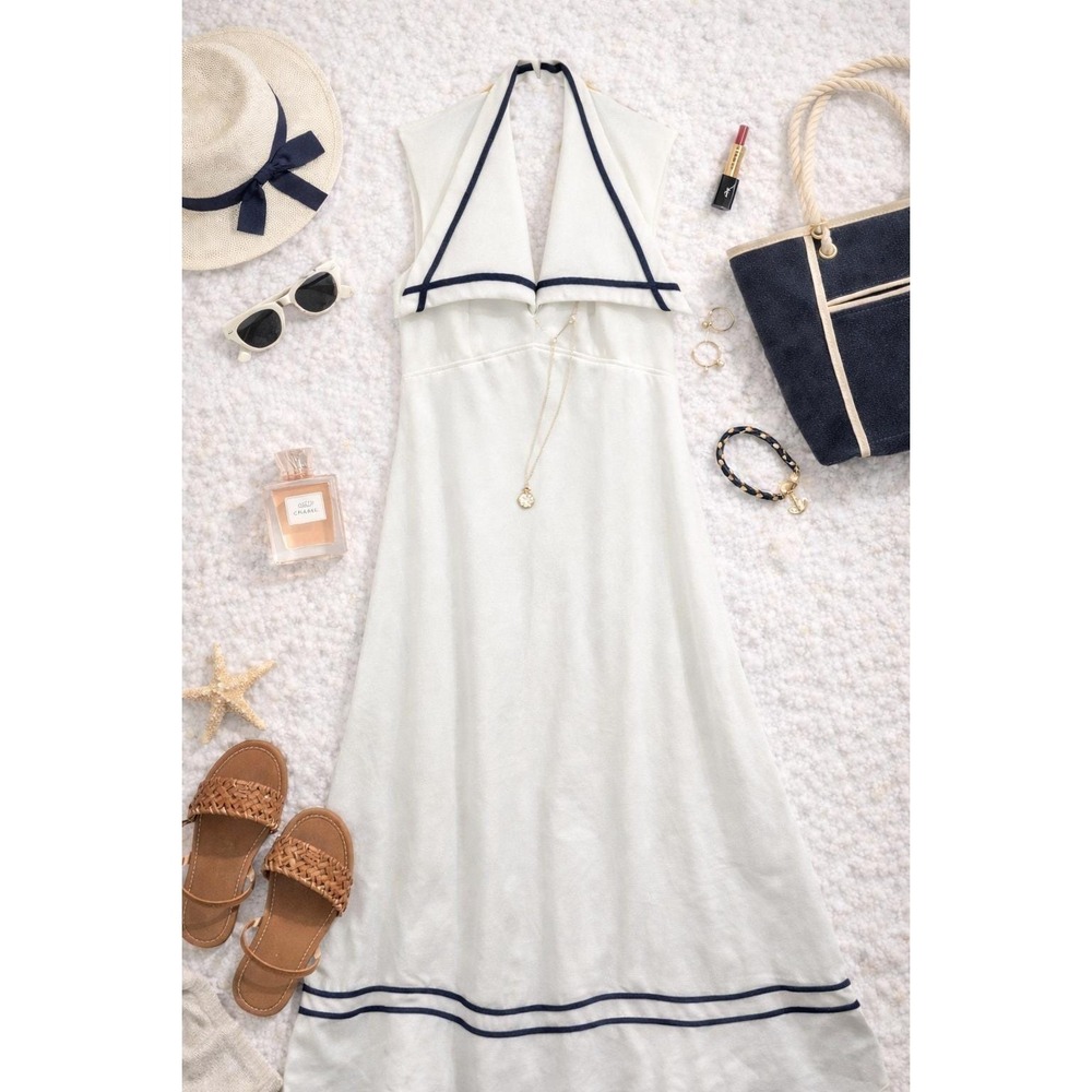 Women’s White Maxi Dress with Navy Trim - Sleeveless Halter